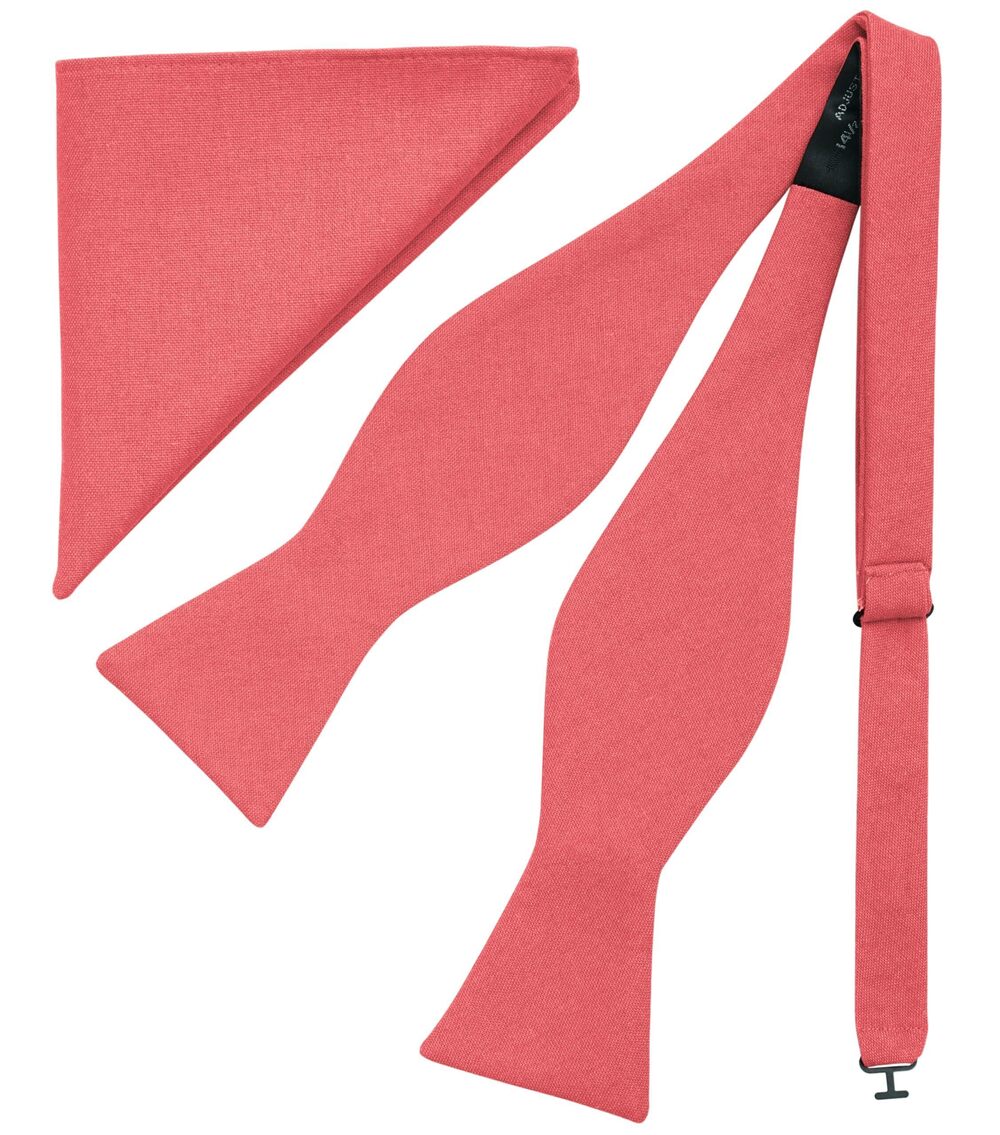 1845 Coral Pink Bow Tie and Pocket Square Tuexdo, Self-Tied Cotton Linen